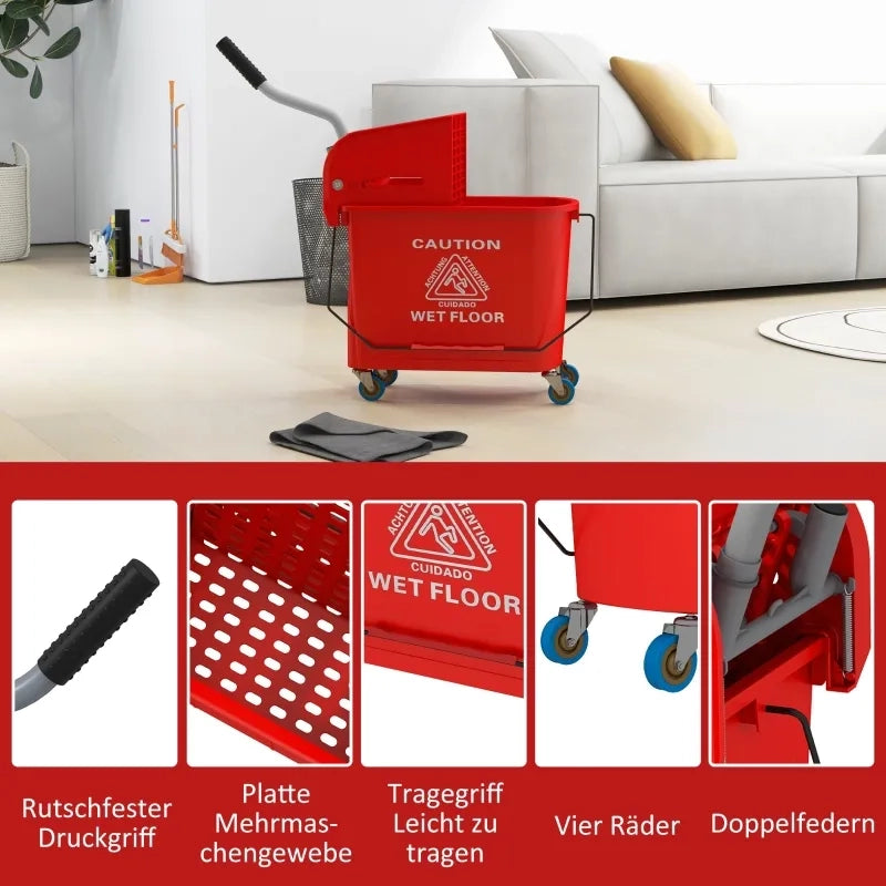Secchio per mop da 20 L con strizzatore e manico, su ruote, in plastica, rosso