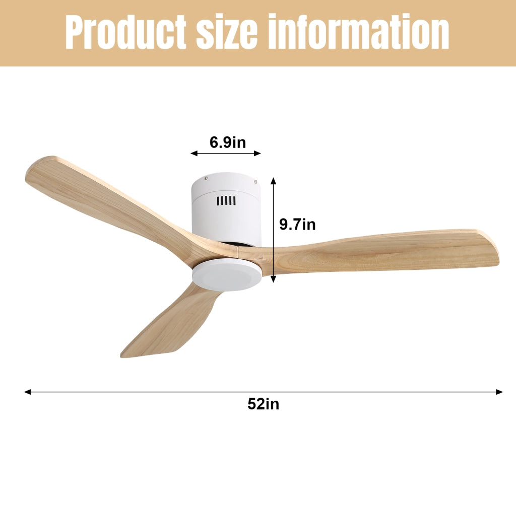 Ventilatore da soffitto bianco con 3 pale in legno, motore DC reversibile e telecomando
