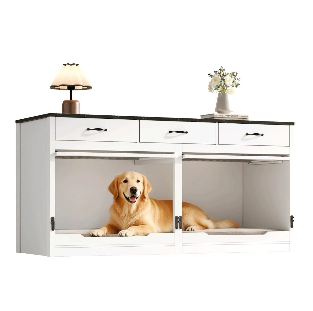 Gabbia per cani 164x60x81 cm bianca e nera in MDF e metallo; 3 cassetti