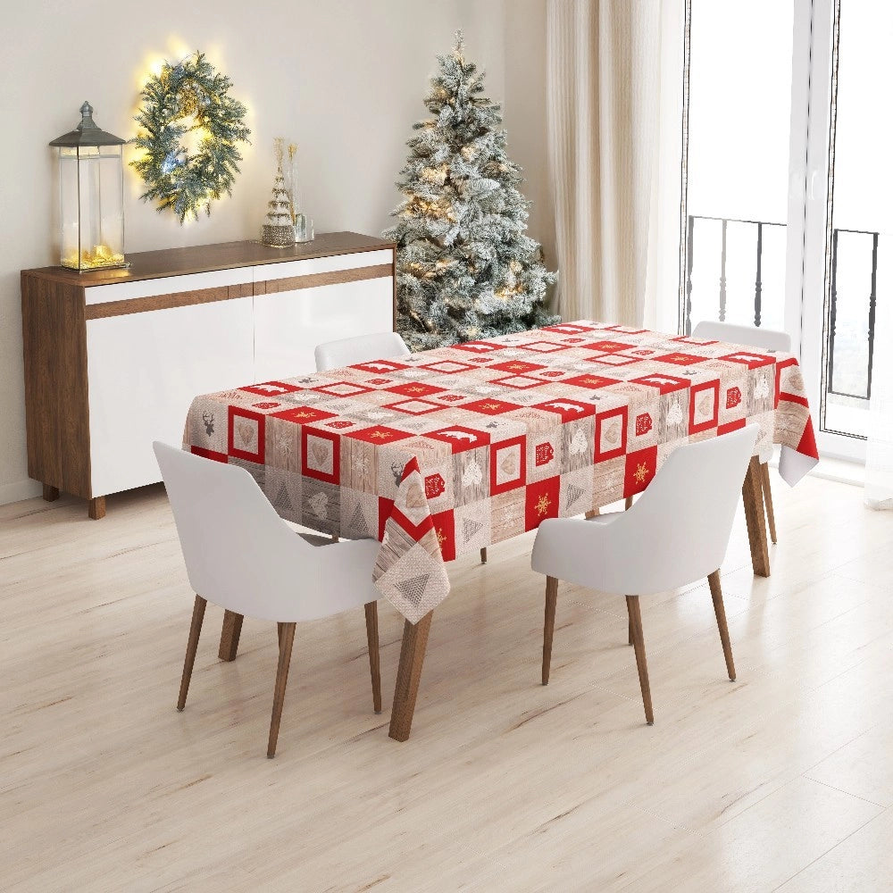 Tovaglia Natalizia Copritavolo Antimacchia Plastificata Retro Felpato Stelle di Natale - 140x240 cm