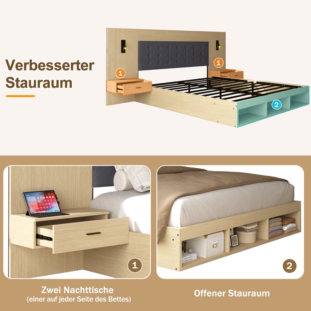 Letto matrimoniale in legno con USB, LED e 2 comodini, 180x200 cm, quercia chiara