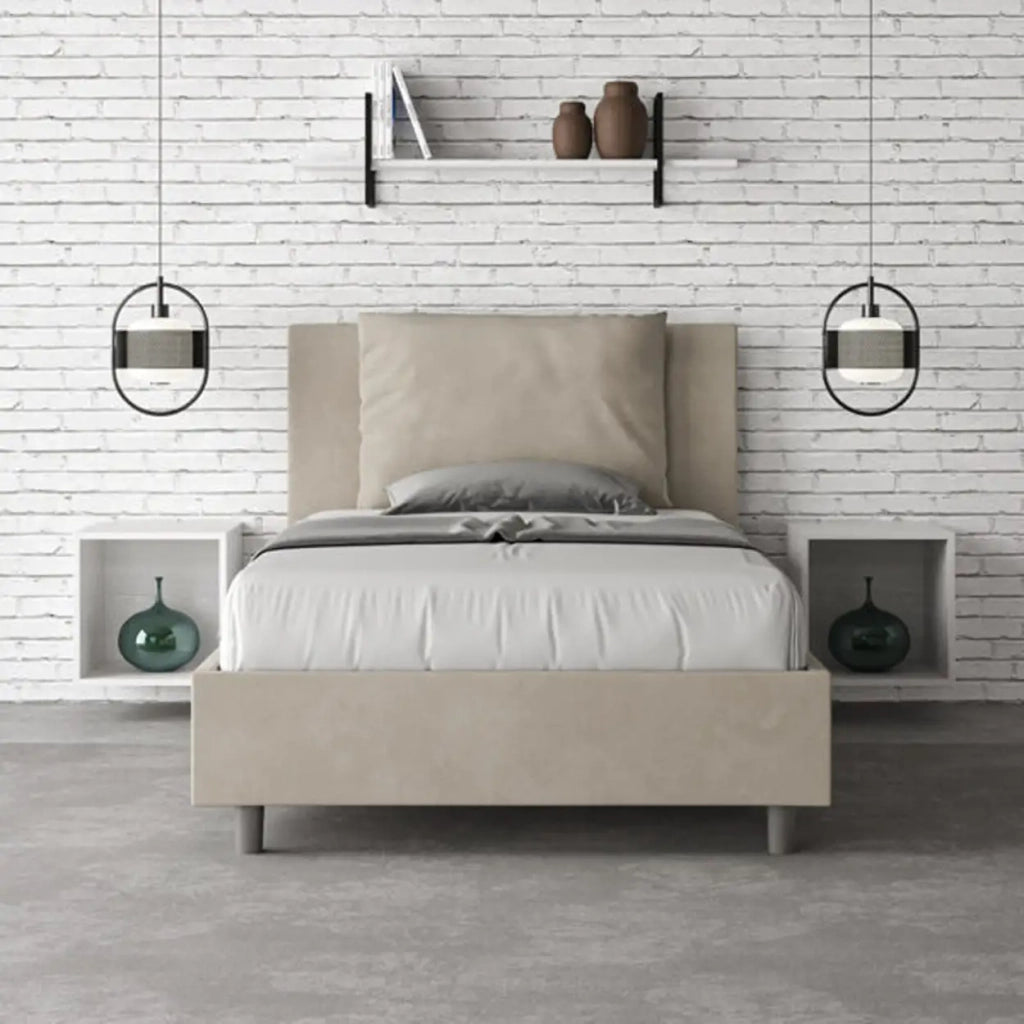 Letto una piazza e mezza contenitore imbottito 120x190 microfibra sabbia Antea