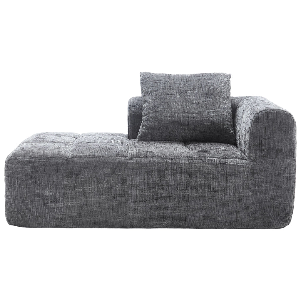 Divano chaise longue in chenille grigio con tasche laterali e cuscino
