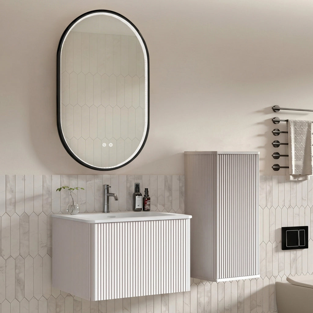Set di mobili con lavamani sospesi con specchio LED regolabile; colonna e lavabo bianco in solid surface