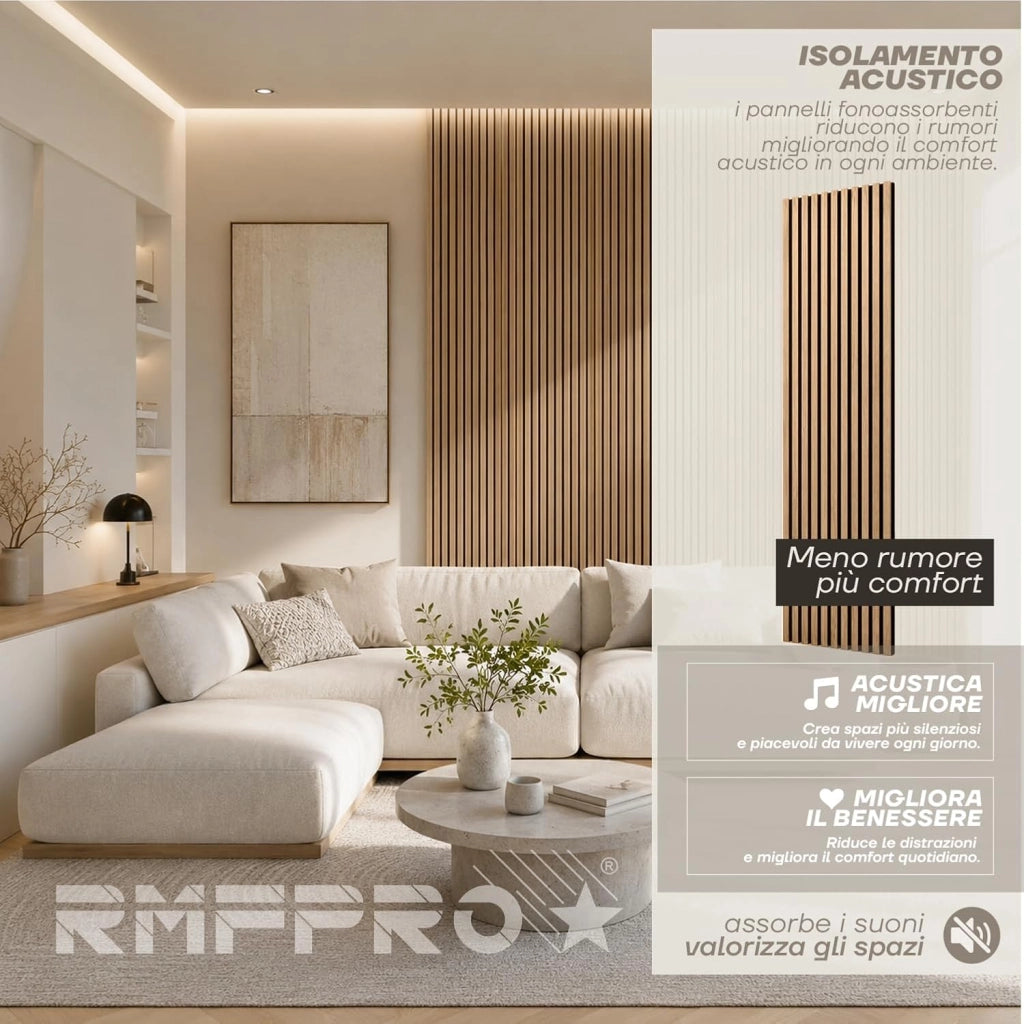 RMF PRO  Pannello Decorativo Parete Legno Teak Fonoassorbente 240x60 cm (1,44 m²) – Singolo Rivestimento Acustico a Listelli MDF per Soggiorno, Camera e Ufficio