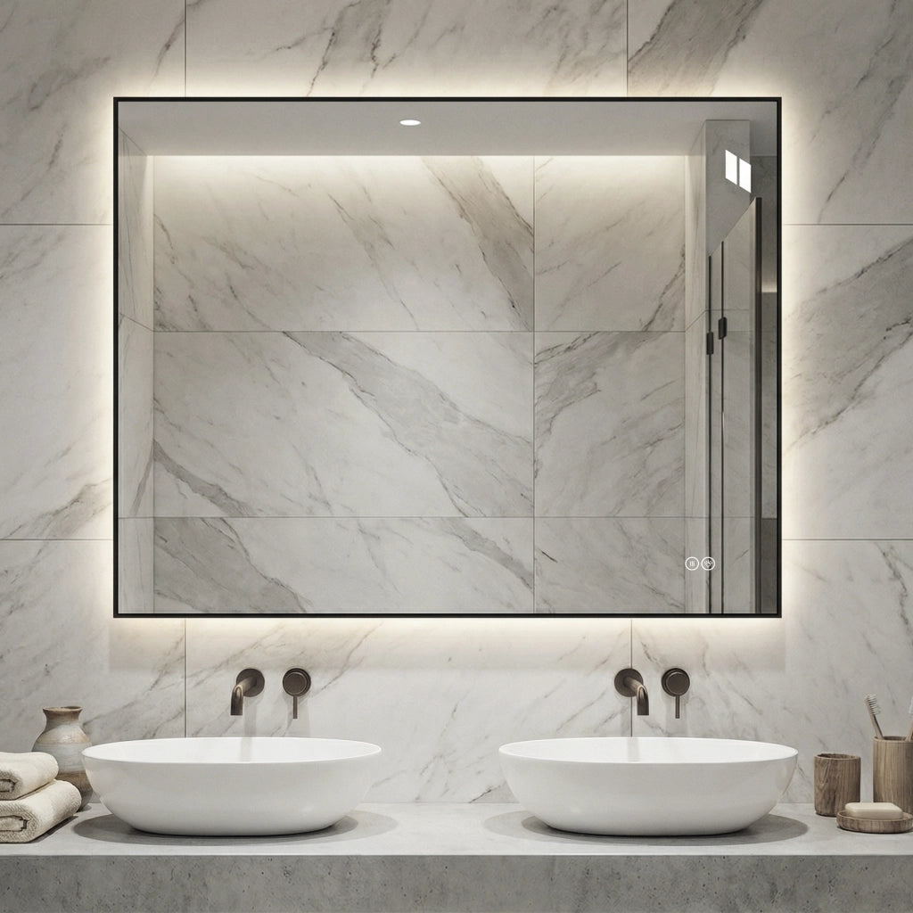 Specchio bagno led 70x90 cm retroilluminato antiappannamento con cornice in alluminio; 3 colori luce; argento