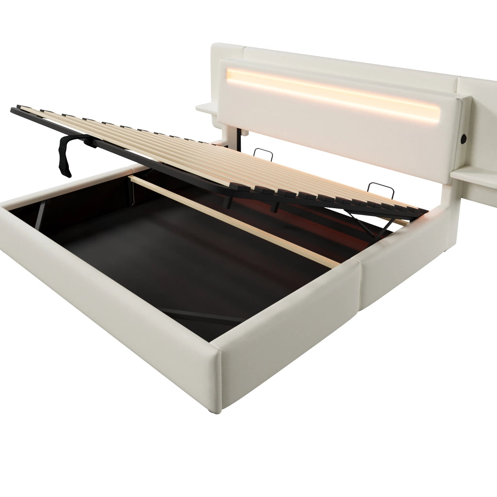 Letto contenitore 180 × 200 cm imbottito con sollevamento idraulico; comodino USB e LED multicolore beige