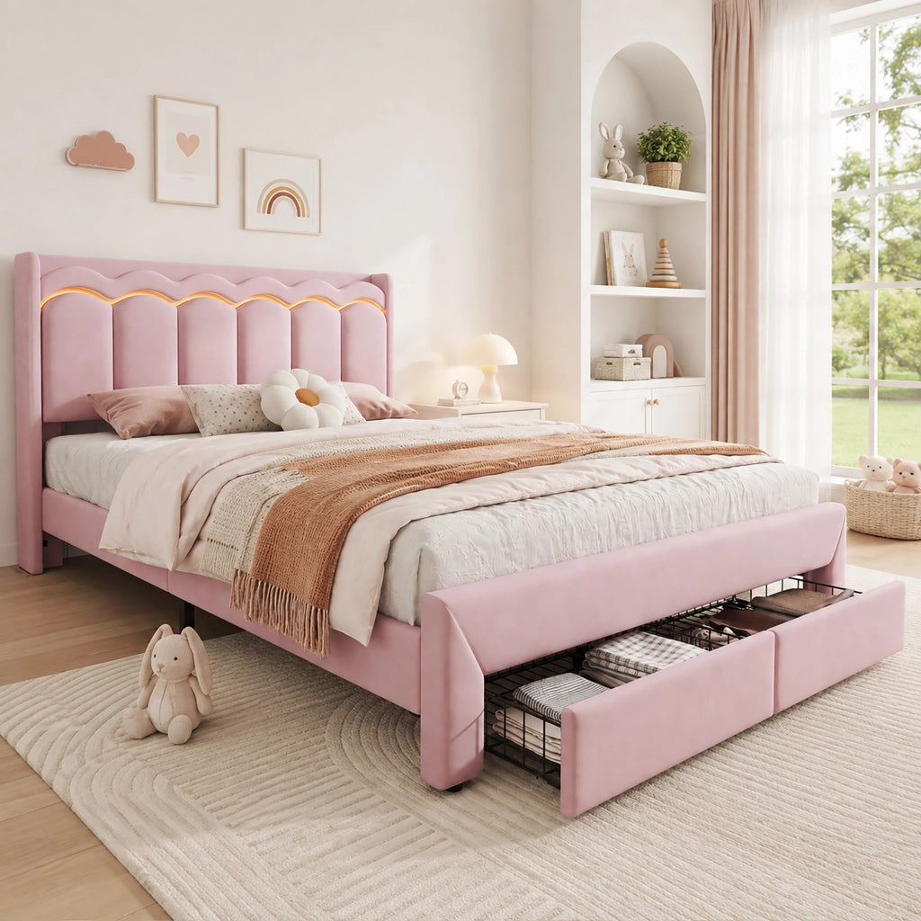 Letto imbottito rosa 140x200 cm con due cassetti e LED; velluto