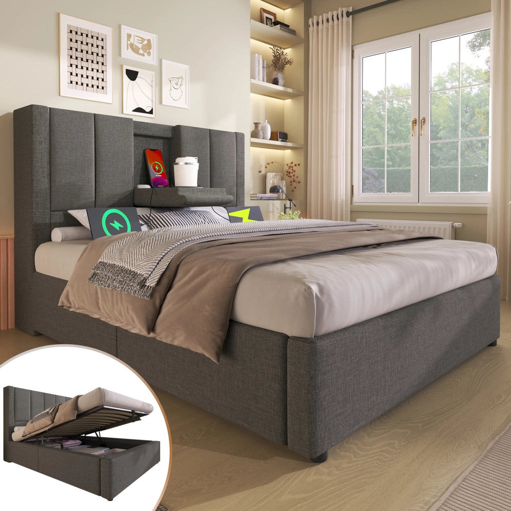 Letto singolo contenitore 90x200 cm in lino grigio