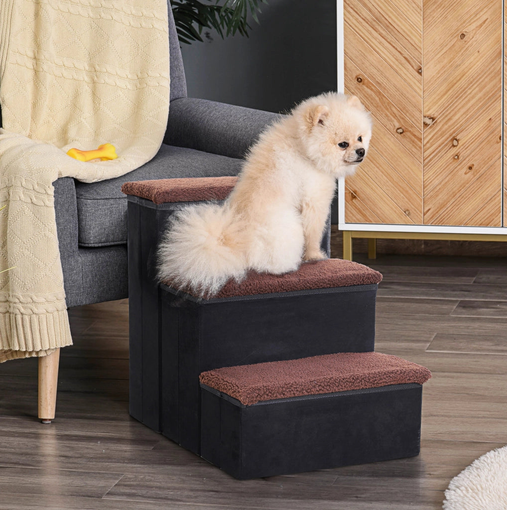 Scala pieghevole per animali 40 x 54 x 48 cm in MDF nero, 3 gradini, vano contenitore