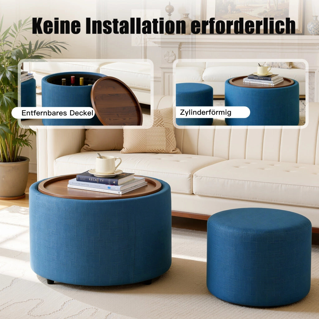 POUF Set da 2 pezzi 58 cm Blu in lino con vassoio in legno