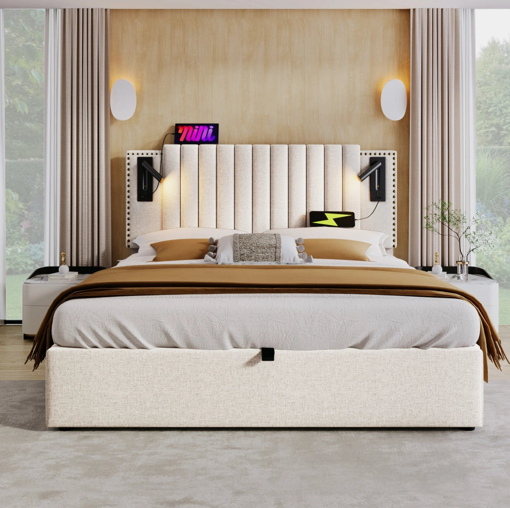 Letto matrimoniale contenitore 180x200 beige con USB e luce