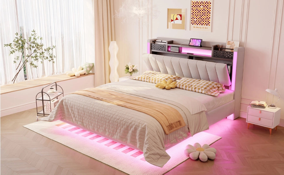 Letto 140 x 200 cm con testiera contenitore, LED e USB, 2 cassetti, lino beige, camera