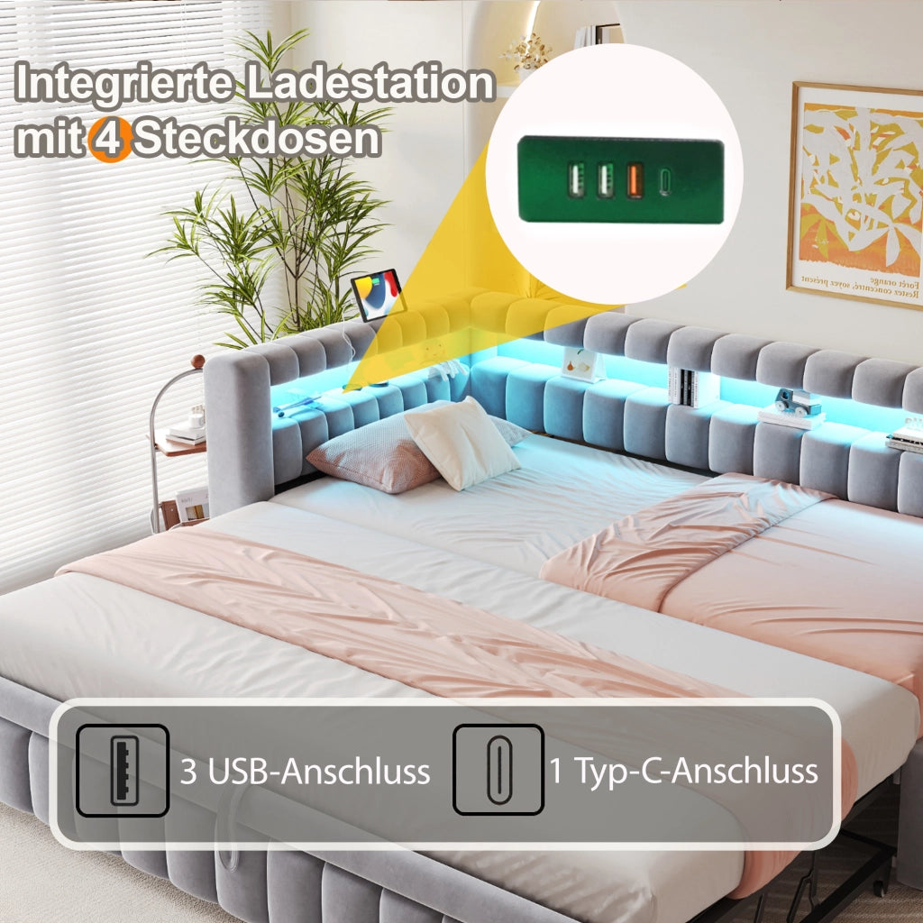 Divano letto con LED, testiera contenitore e USB, 90x200 cm, grigio chiaro