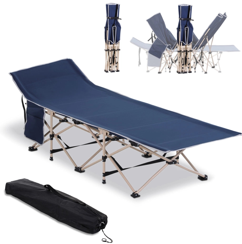 Lettino da campo pieghevole con borsa, struttura in acciaio e tessuto Oxford 600D blu 190x68x52 cm
