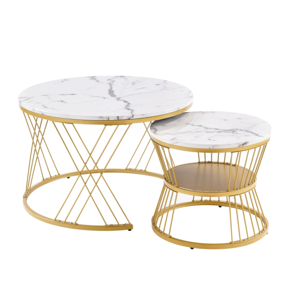 TAVOLINO da caffè set 2 pezzi rotondo impilabile 70/45 cm MDF bianco e oro