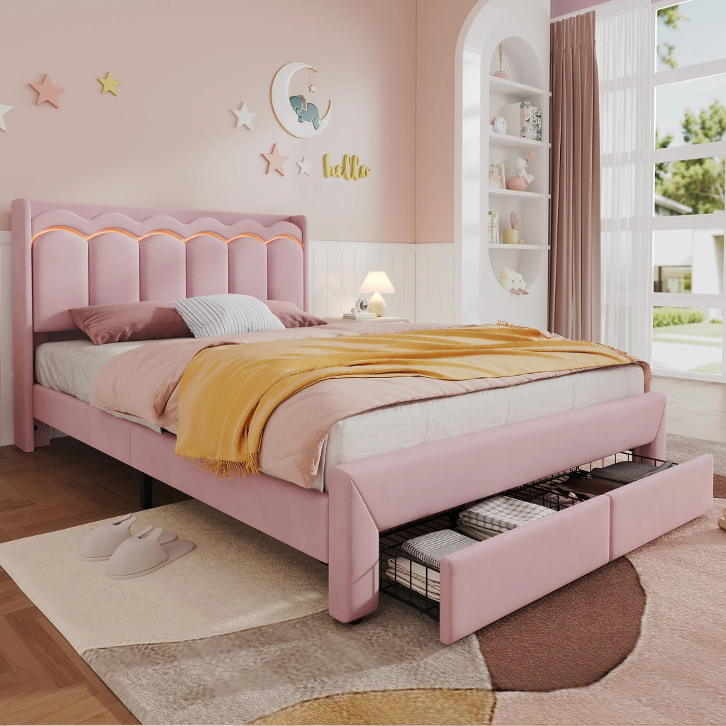 Letto imbottito rosa 140x200 cm con due cassetti e LED; velluto