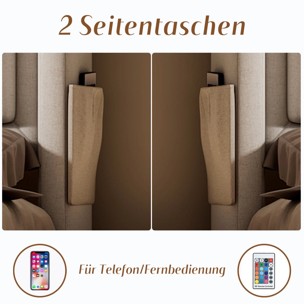 Letto imbottito 160 × 200 cm con LED, prese USB e Type-C, contenitore e materasso, beige
