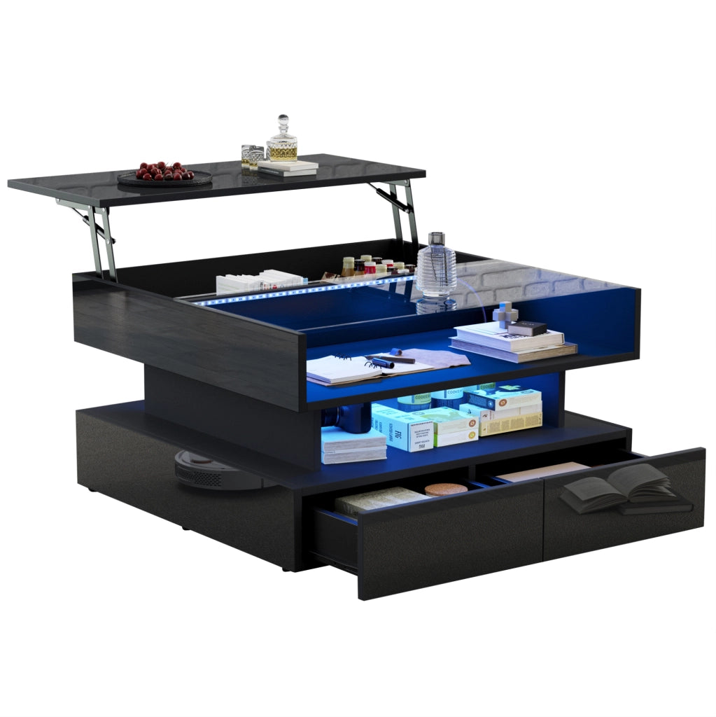 TAVOLINO da caffè 80x80x45 cm nero con LED e 2 cassetti