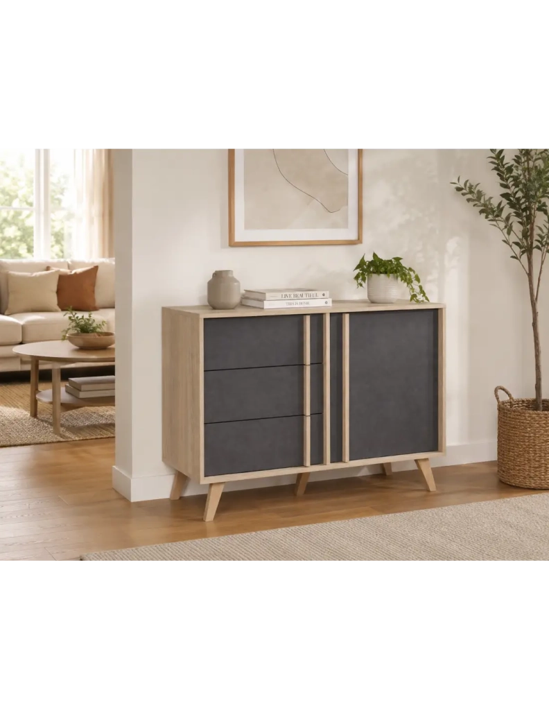 Sala da pranzo completa MALMO con tavolo 160 cm, buffet alto e scaffale a muro – Rovere chiaro e grigio
