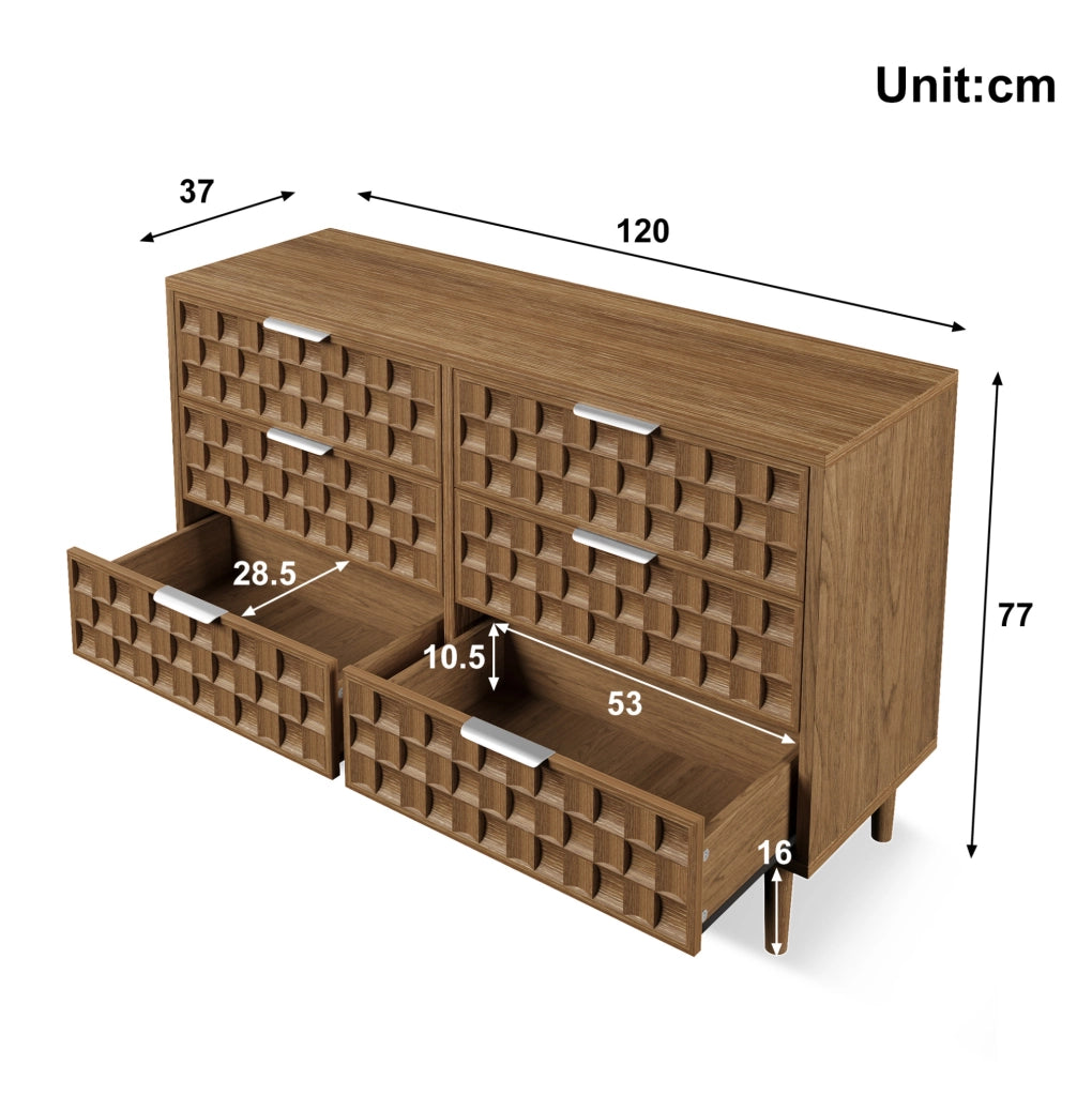Sideboard 120x37x77 cm con 6 cassetti; effetto rovere; MDF