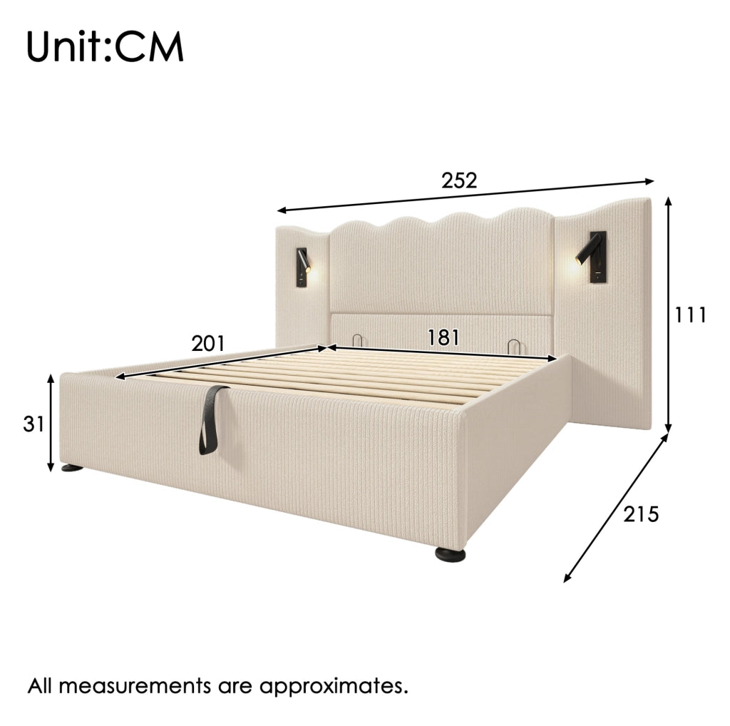 Letto matrimoniale 180x200 beige con contenitore e USB-C