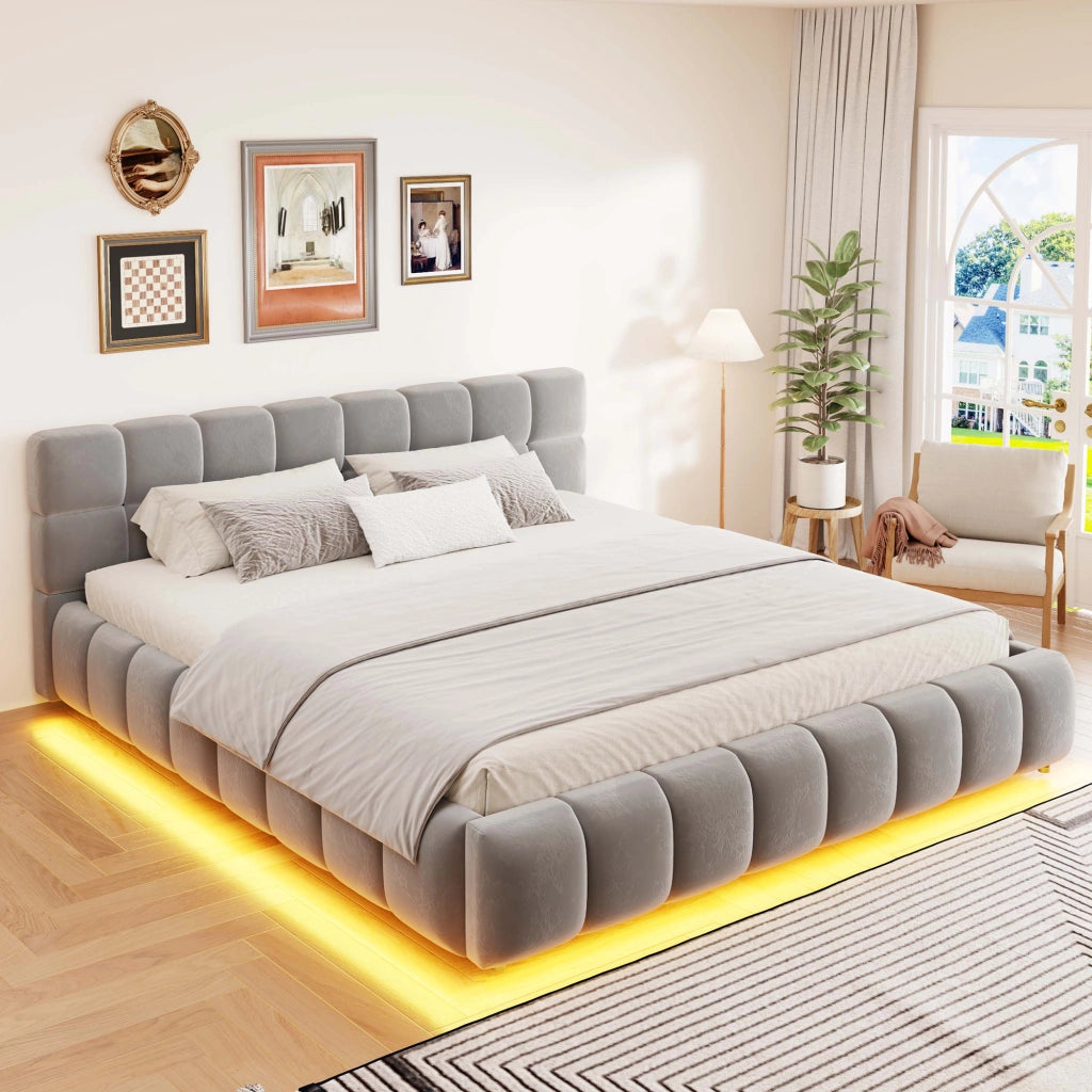 Letto Matrimoniale 160x200 cm Imbottito in Velluto Grigio con Contenitore Idraulico e Luci LED