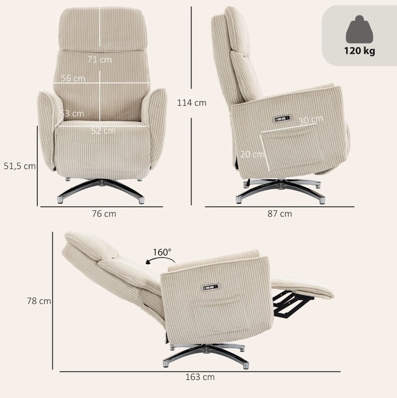 Poltrona Relax Elettrica Girevole 360° con Doppio Motore, Schienale Reclinabile e Porta USB
