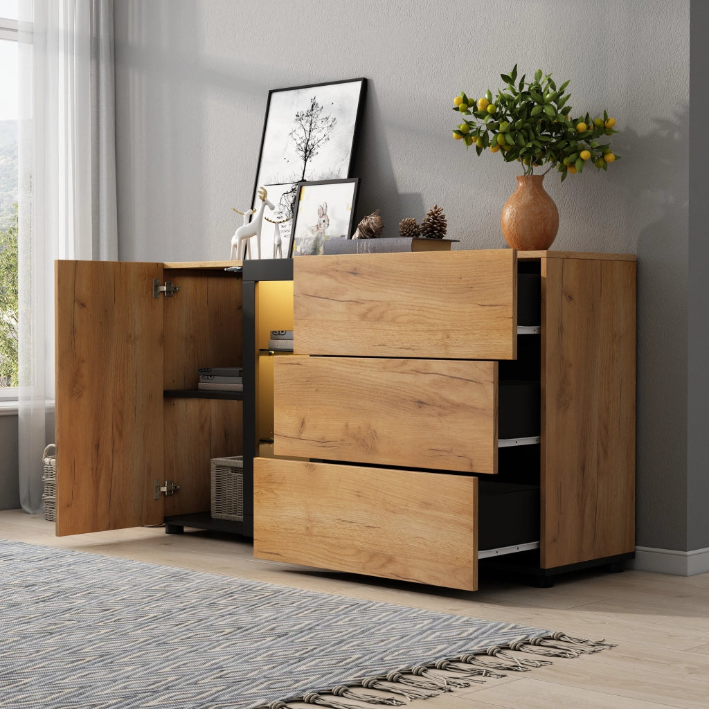 Sideboard moderno 140 cm con LED APP; 3 cassetti; ripiani in vetro; nero e marrone
