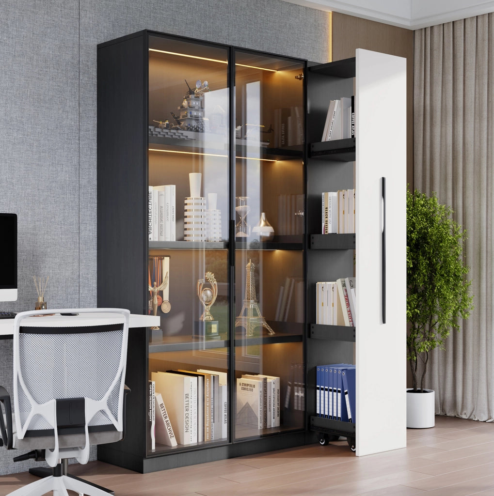 Mobile vetrina 110,5x35x160 cm con LED e modulo estraibile in MDF bianco e nero