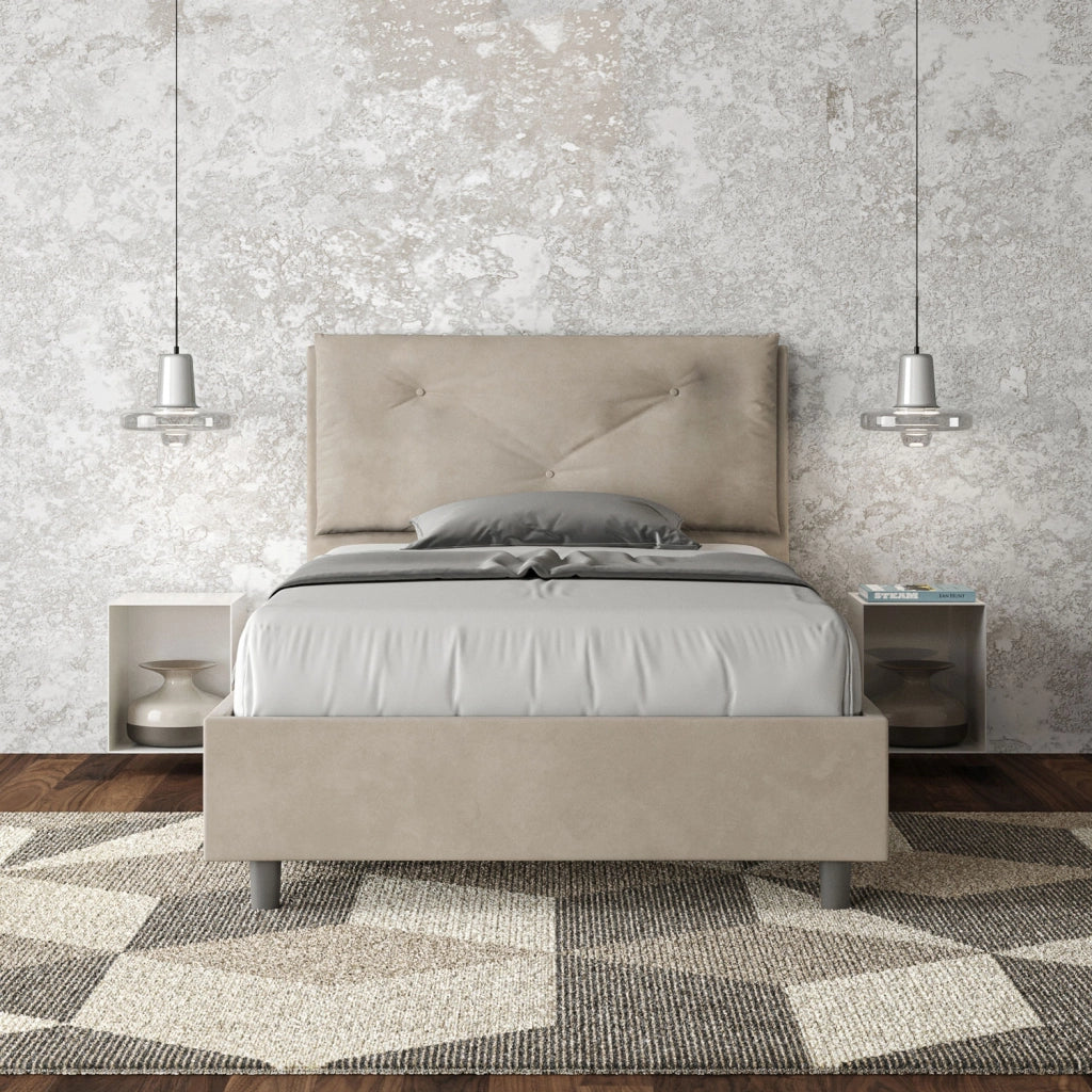 Letto 1 Piazza E Mezzo 110x190 cm con Rete e Contenitore Imbottito in Microfibra Appia Large Sabbia