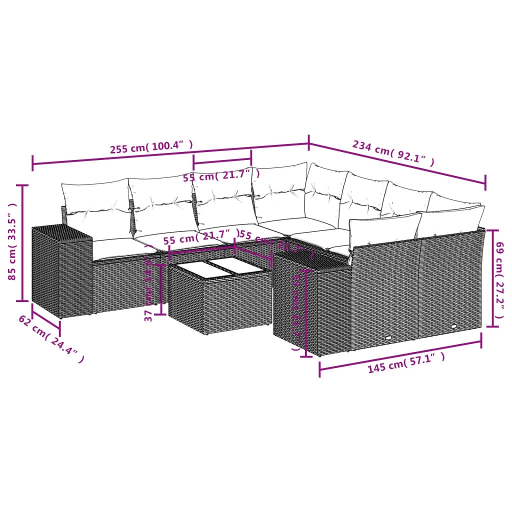 Set Divani da Giardino 9 pz con Cuscini Nero in Polyrattan 3222354