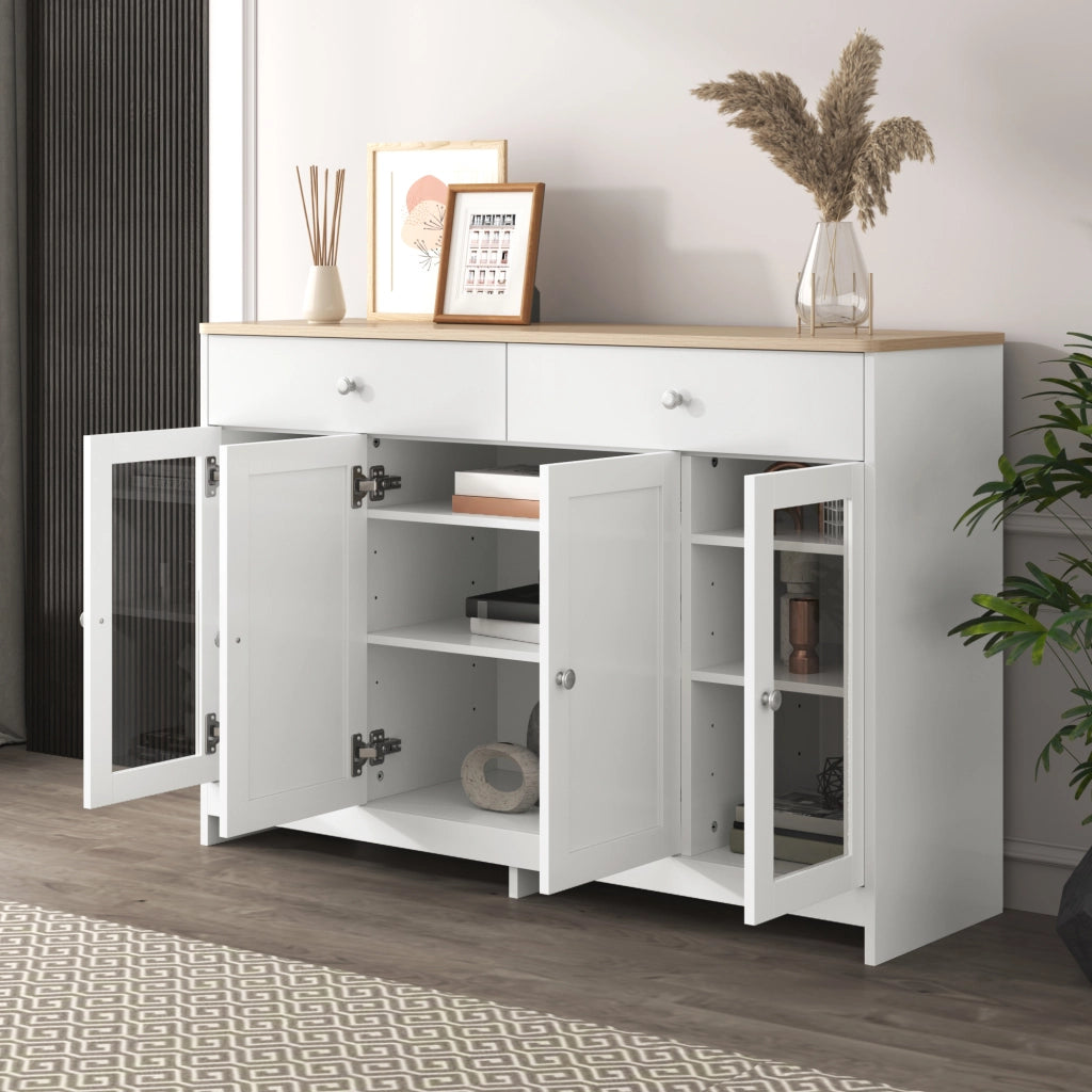 Sideboard rustico 120 cm con 2 cassetti; 4 ante e ripiani regolabili; bianco e legno