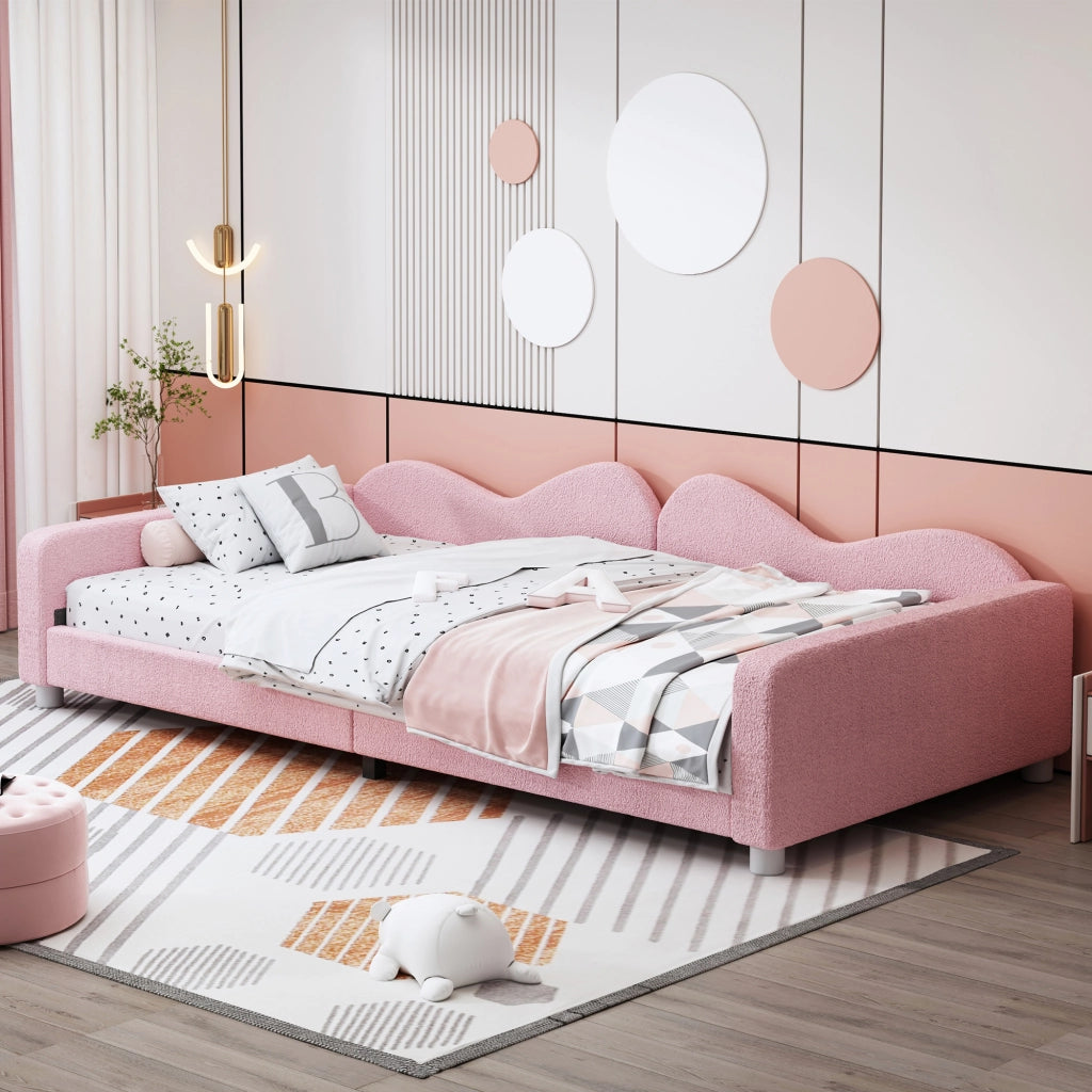 Letto singolo 90 × 200 cm imbottito con rete a doghe; schienale e braccioli; rosa