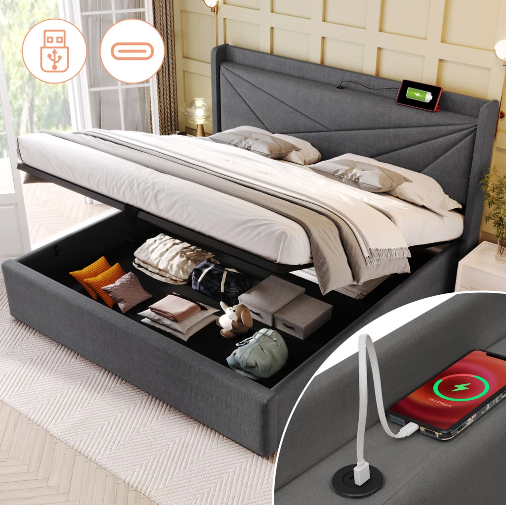 Letto matrimoniale contenitore 180x200 cm grigio con USB-C