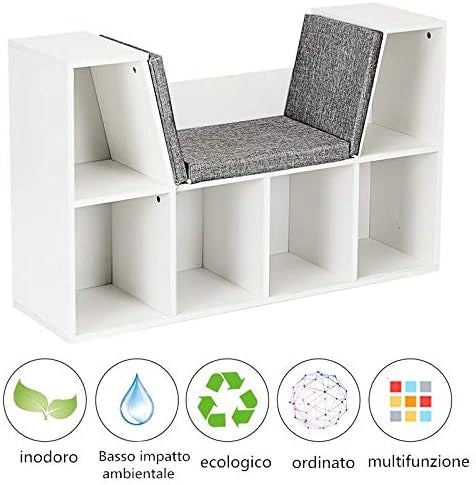 Scaffale per Libri, Libreria Panca in Legno con Cuscini per Bambini (BIanco)