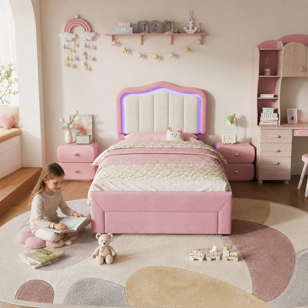 Letto imbottito per bambini 90 x 200 cm con cassetto e LED; velluto rosa