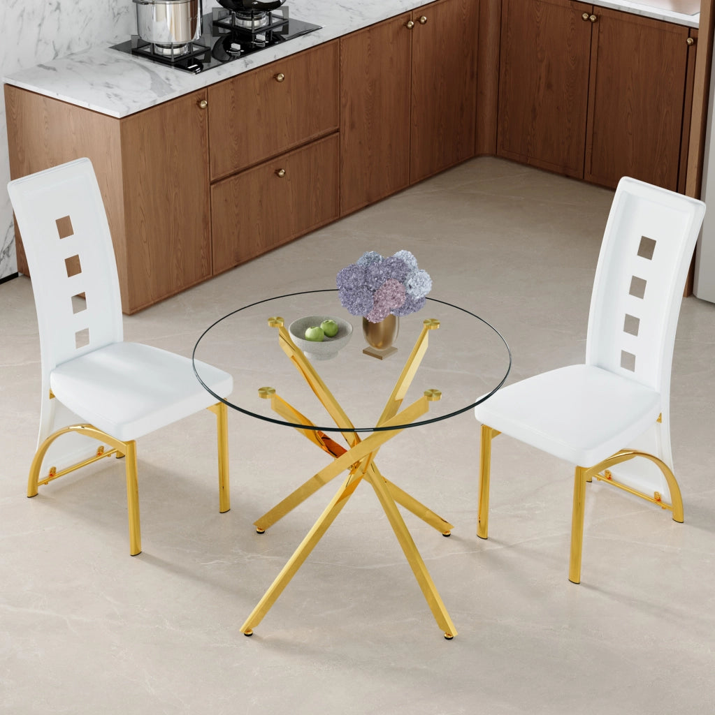 Set tavolo e sedie 88 cm in vetro temperato bianco e oro, per spazi piccoli