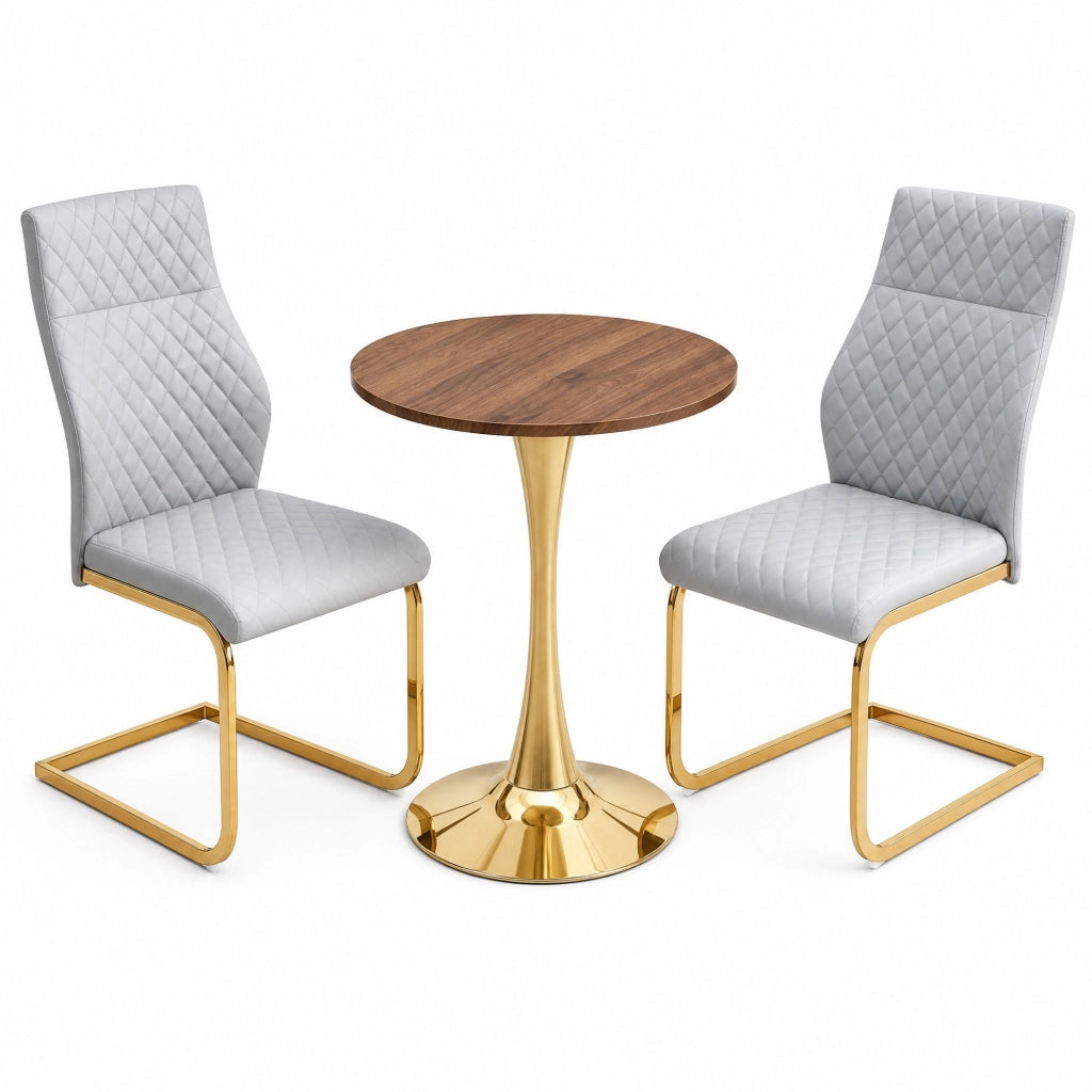 Set tavolo e sedie 60 cm rotondo, MDF effetto noce, 2 sedie grigio chiaro, stile moderno