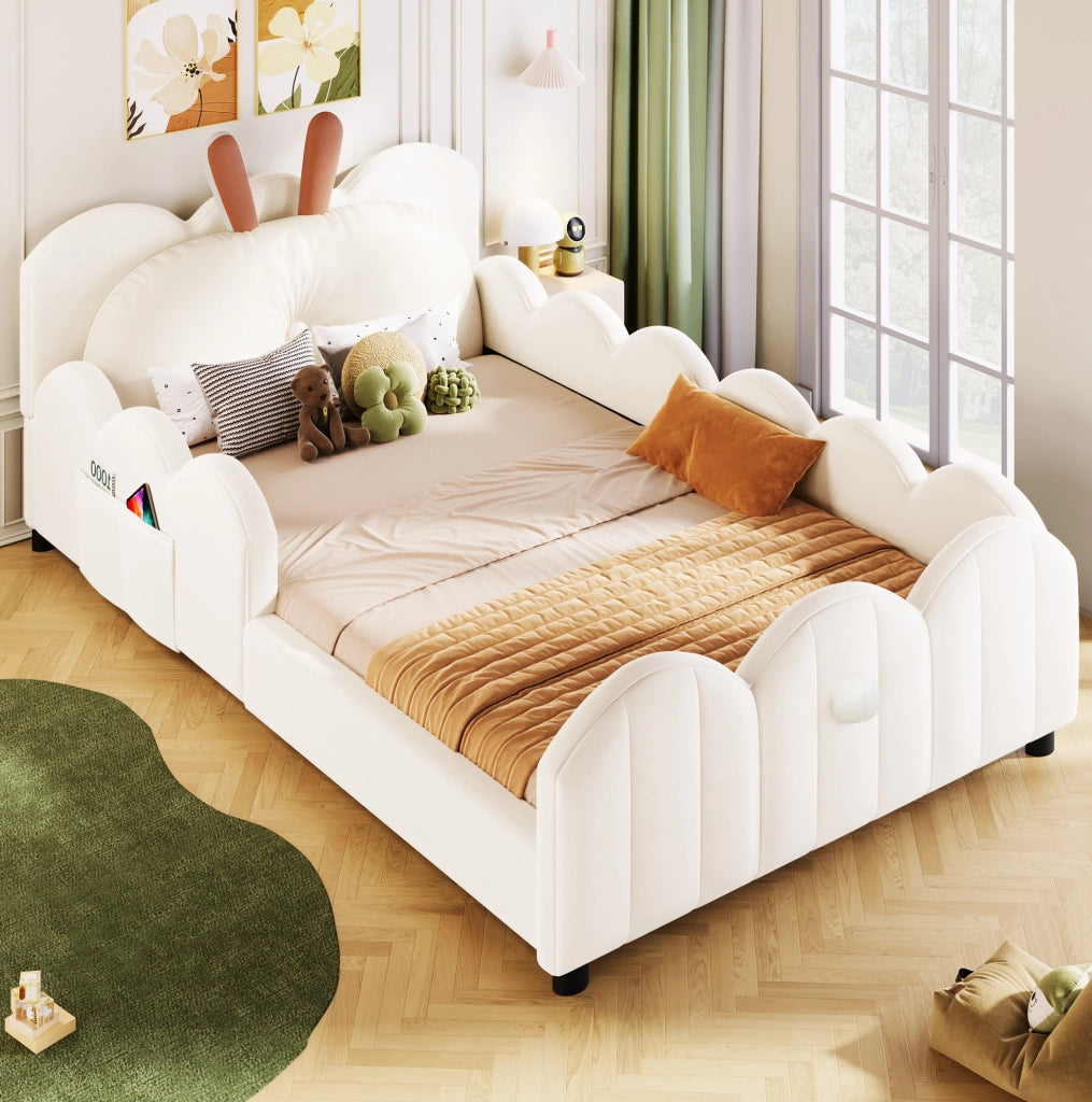 Letto a piattaforma imbottito 90x200 cm con cuscino a forma di coniglio; beige