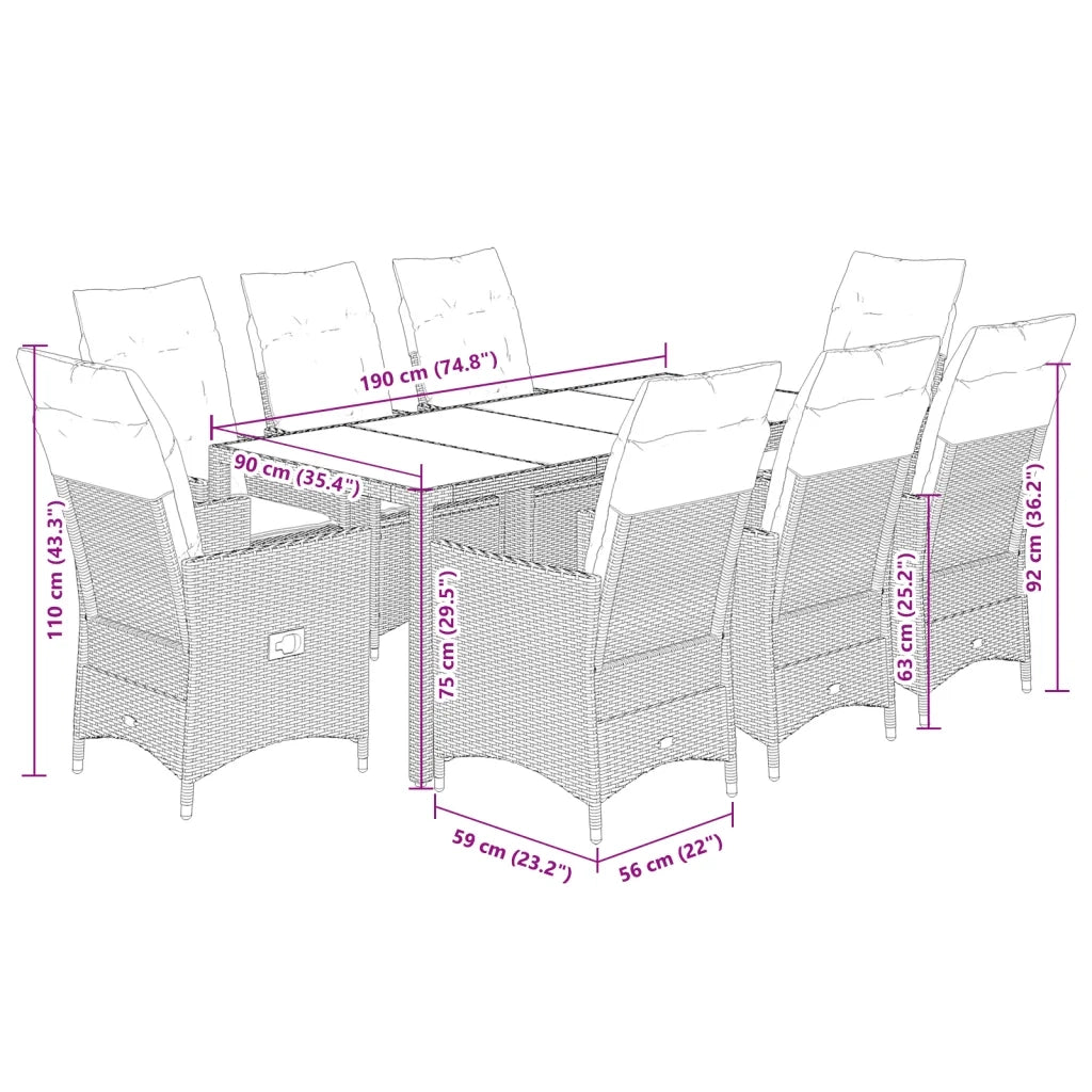 Set da Pranzo da Giardino 9 pz con Cuscini Nero in Polyrattan 3276698