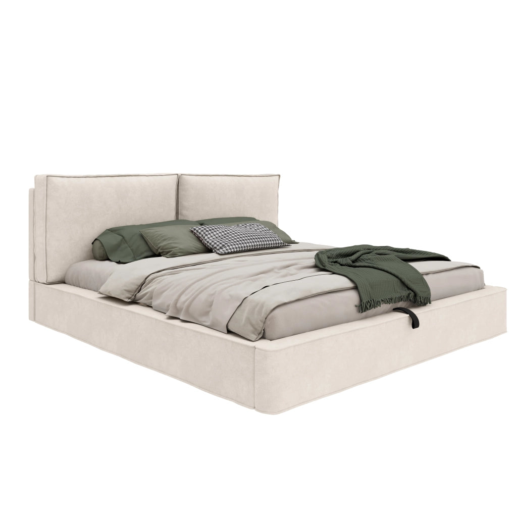 Letto matrimoniale imbottito con contenitore idraulico, chenille beige