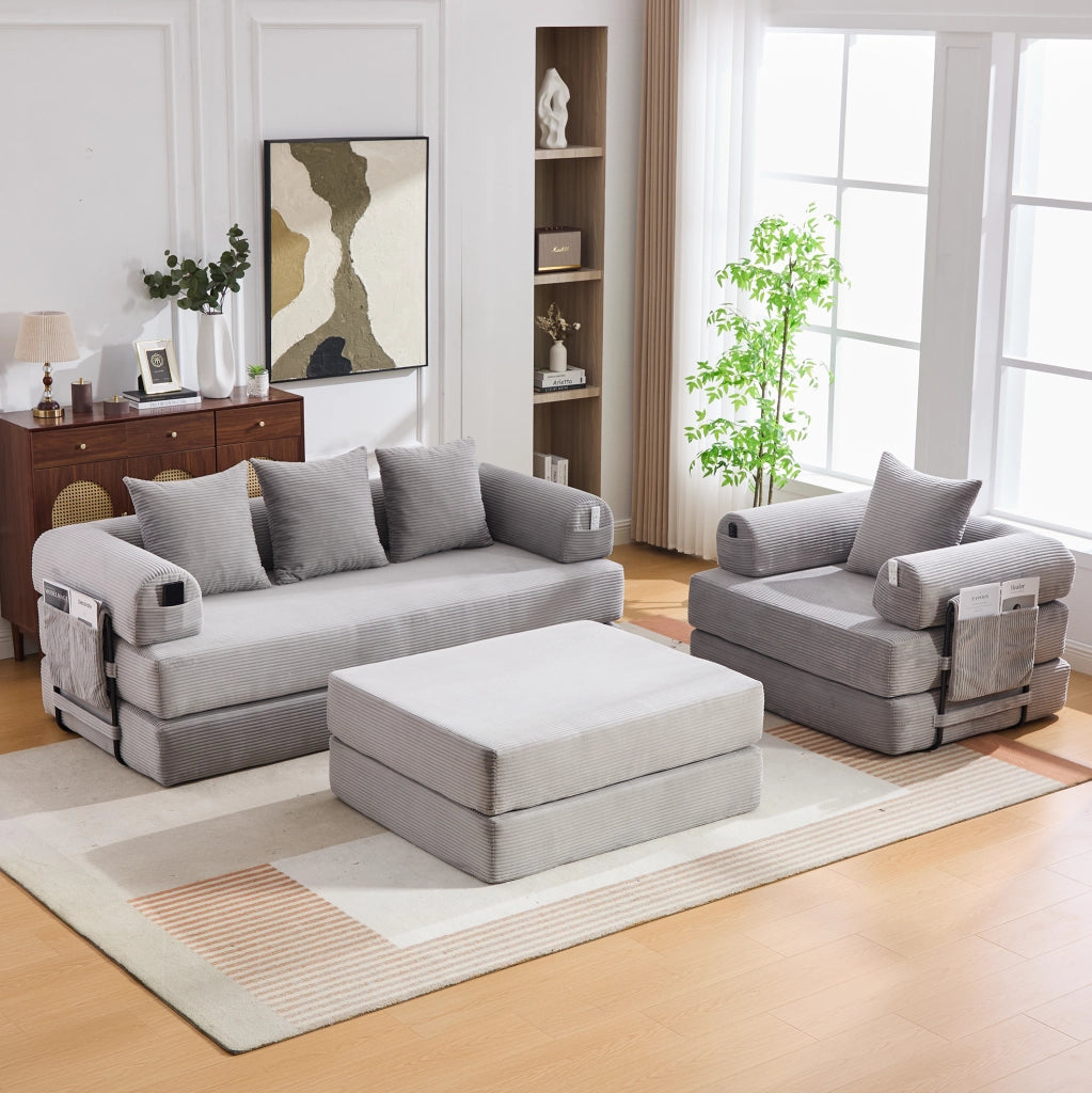 DIVANO modulare in corda grigio chiaro con pouf e cuscini