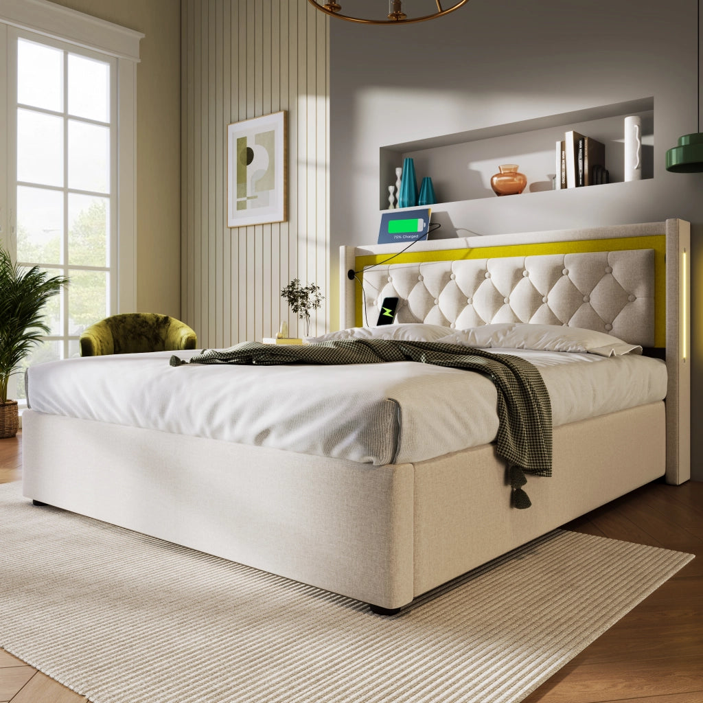 Letto matrimoniale LED 140x200 in cotone beige con USB e Type-C, contenitore e rete a doghe