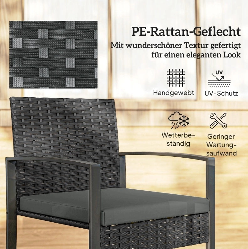 Set da giardino in rattan 3 pezzi con 2 poltrone e tavolino con cuscini sfoderabili grigio scuro