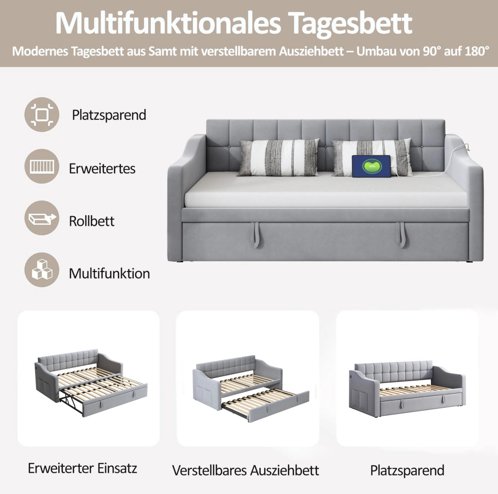 Divano letto imbottito allungabile 90x190 cm, grigio chiaro