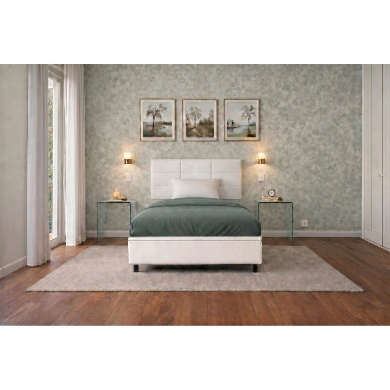 Letto imbottito Singolo 80x190 cm Square - Bianco,Similpelle,Contenitore