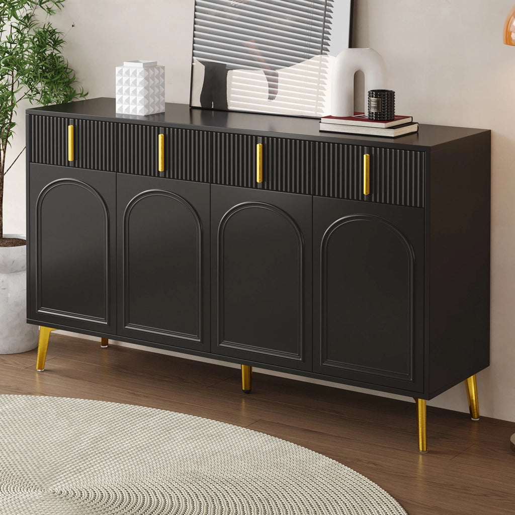 Sideboard con 4 ante e 4 cassetti; ripiani regolabili; 140x38x82 cm; nero