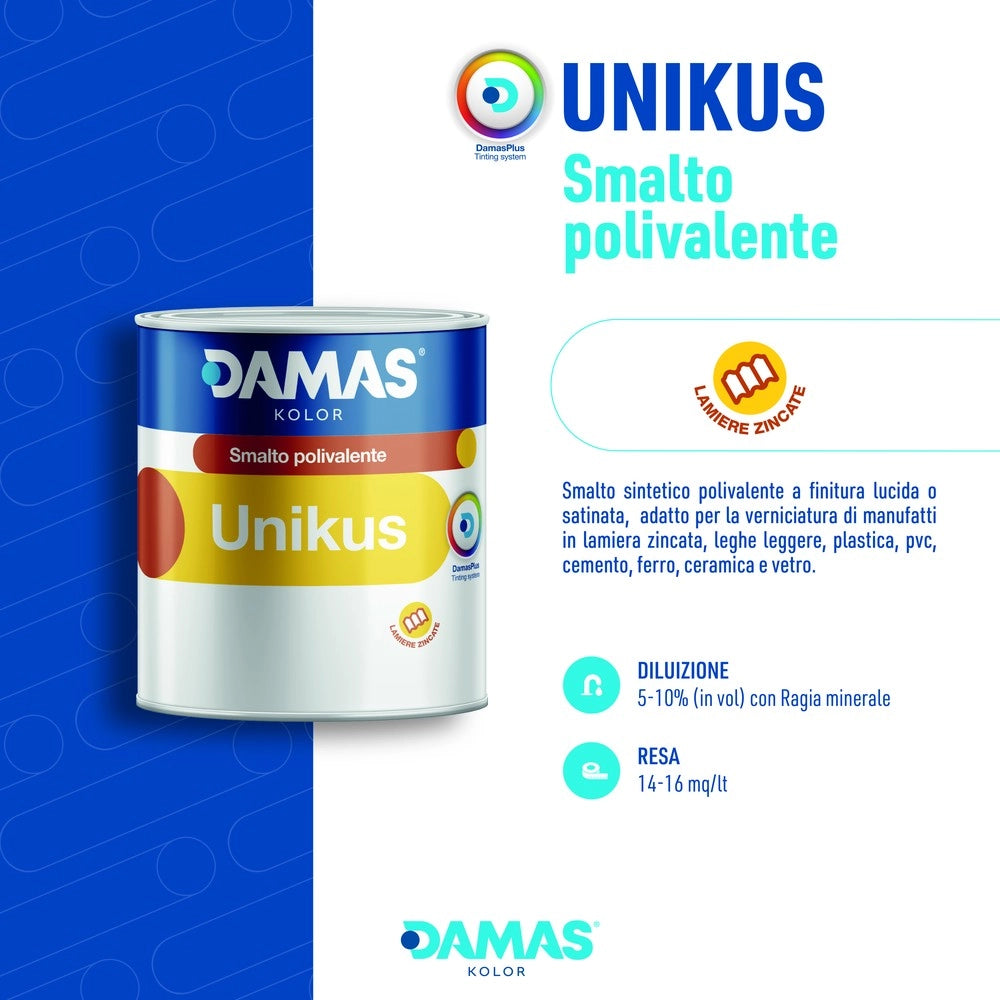 Damas unikus lucido smalto polivalente zincato alluminio plastica pvc *** formato 0,750 lt, colore- 202 nero lucido, ...
