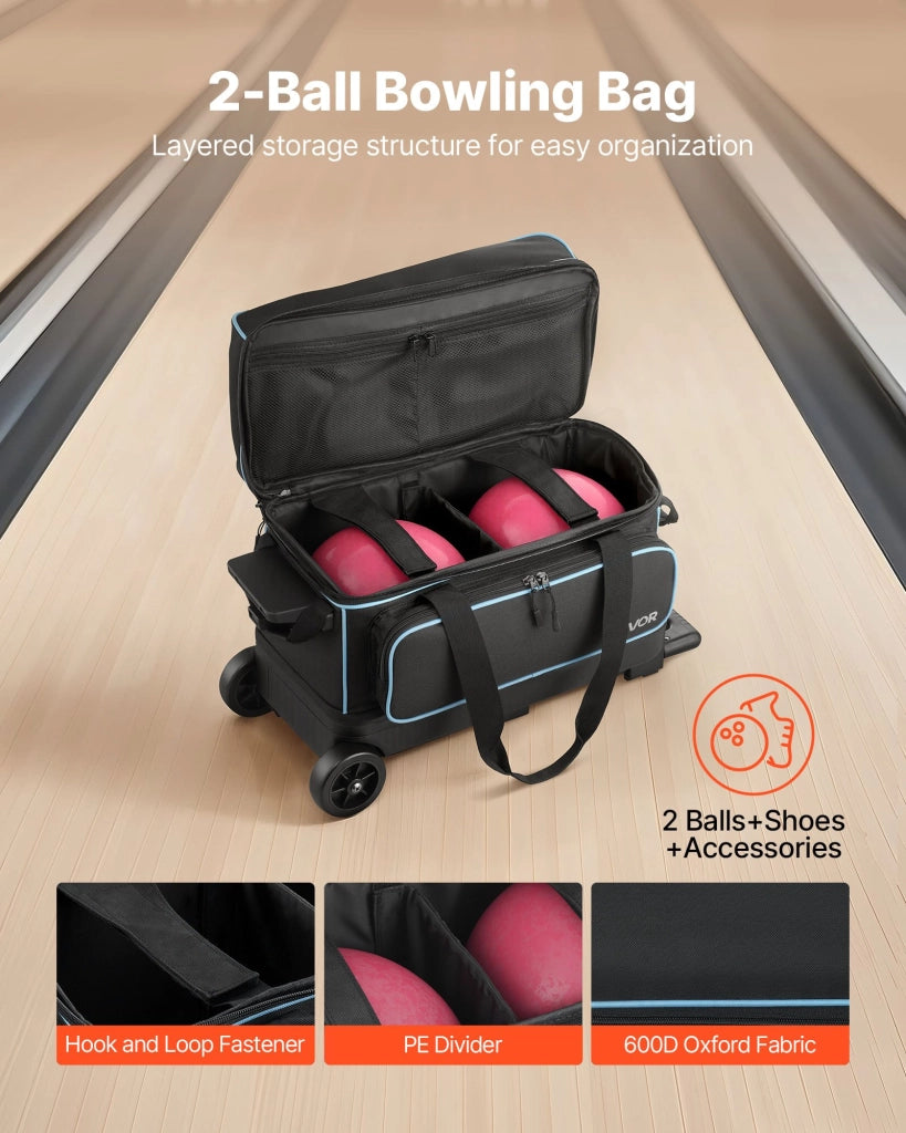 Borsa da Bowling con Ruote Doppie per 2 Palle Trolley con Scomparto Scarpe e Maniglia Retrattile 105 cm Nero Blu ZL-YDB-0098-002